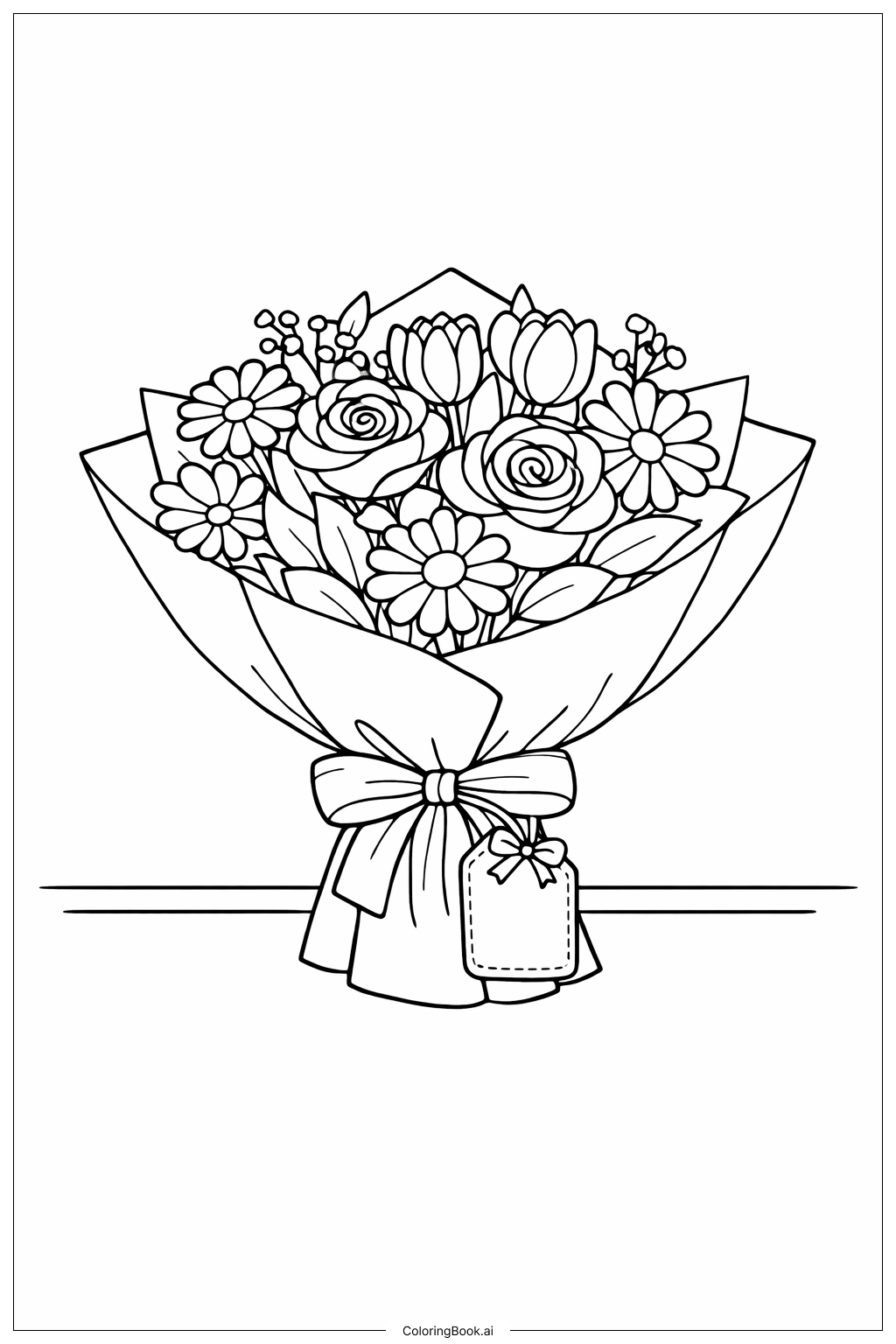  Página para colorear de Ramo de flores con pequeña etiqueta de cinta 