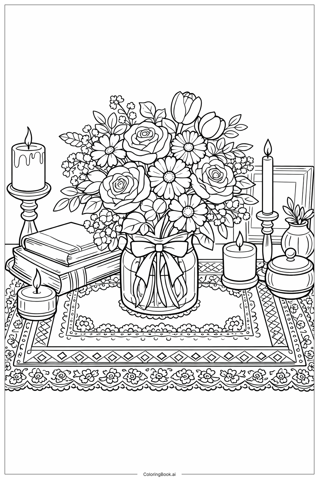  Página para colorear de Ramo de flores con camino de mesa 