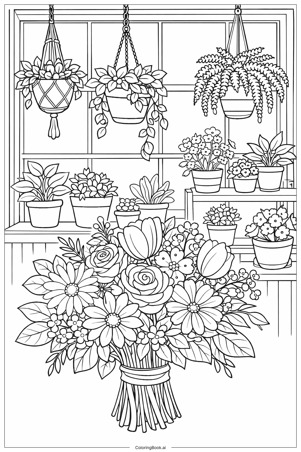  Página para colorear de Ramo de Flores con Jardín en la Ventana 