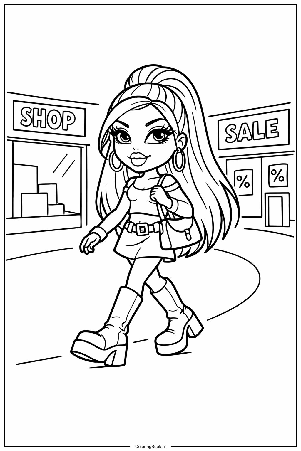  购物中心的Bratz娃娃填色页 