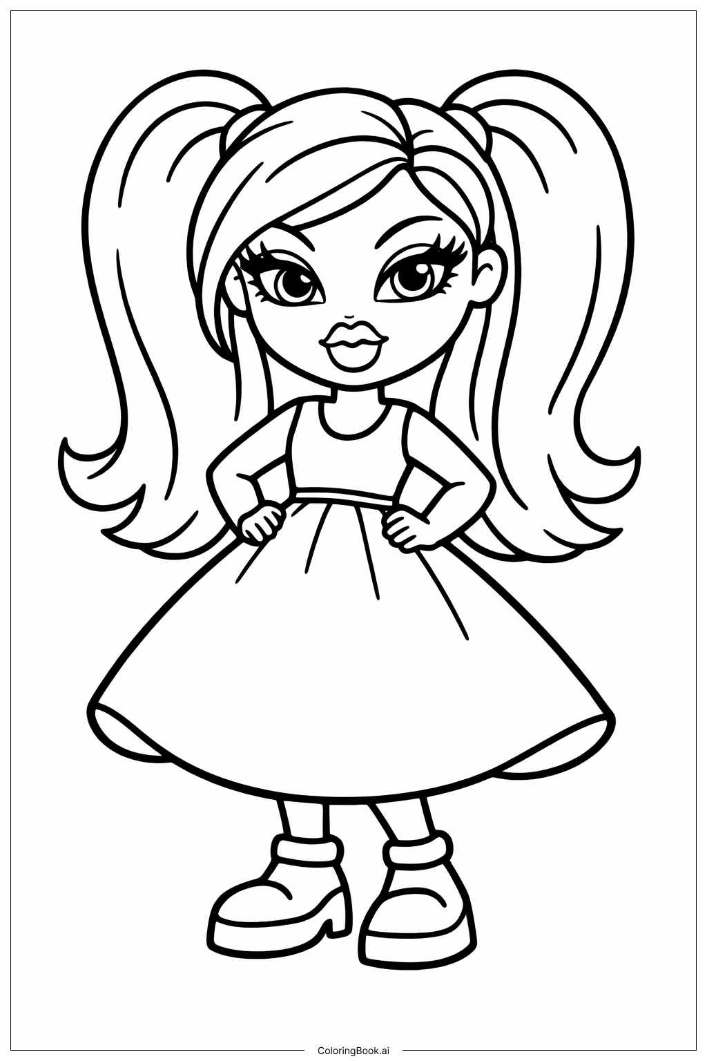  穿连衣裙的Bratz娃娃填色页 