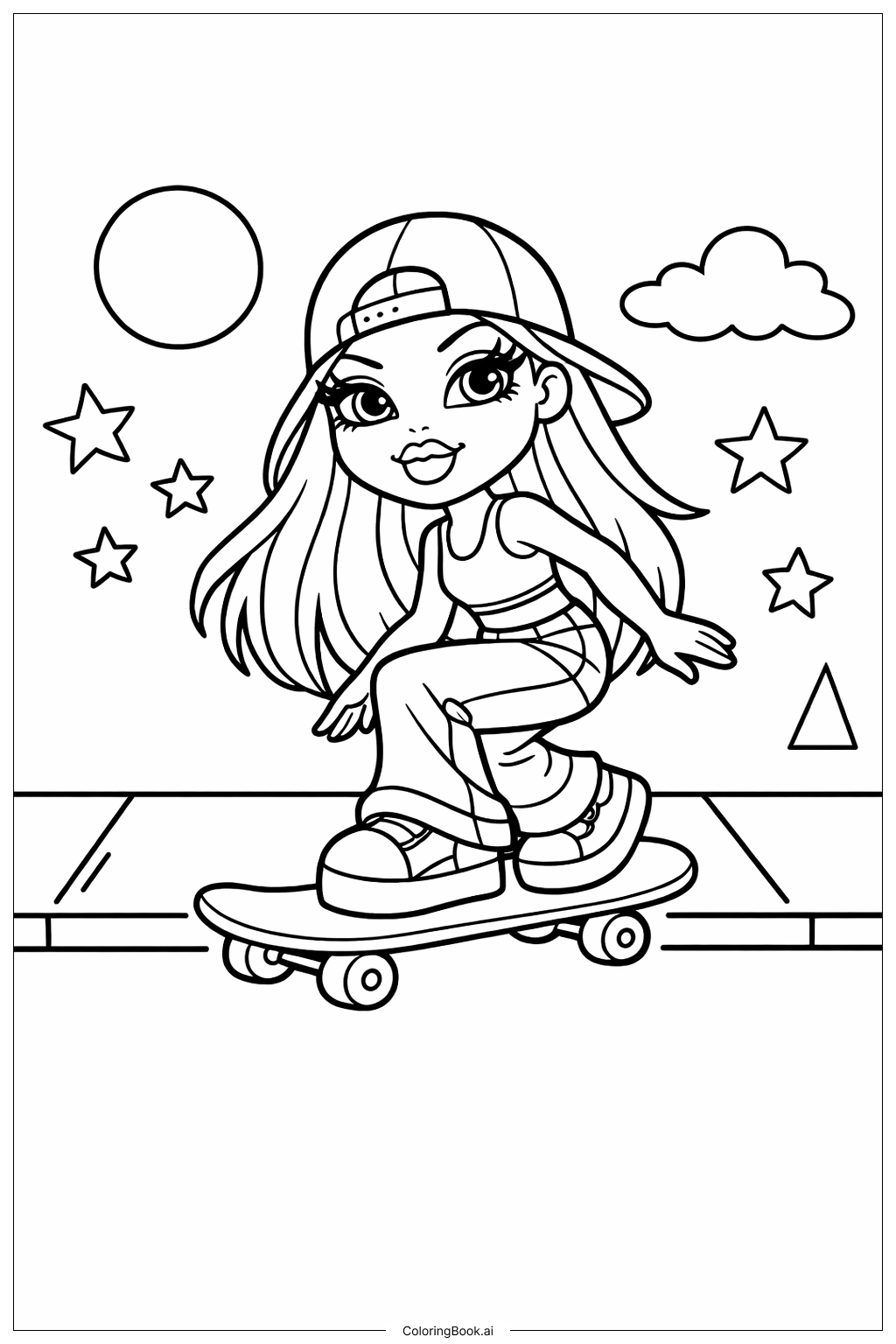  滑板上的Bratz娃娃填色页 