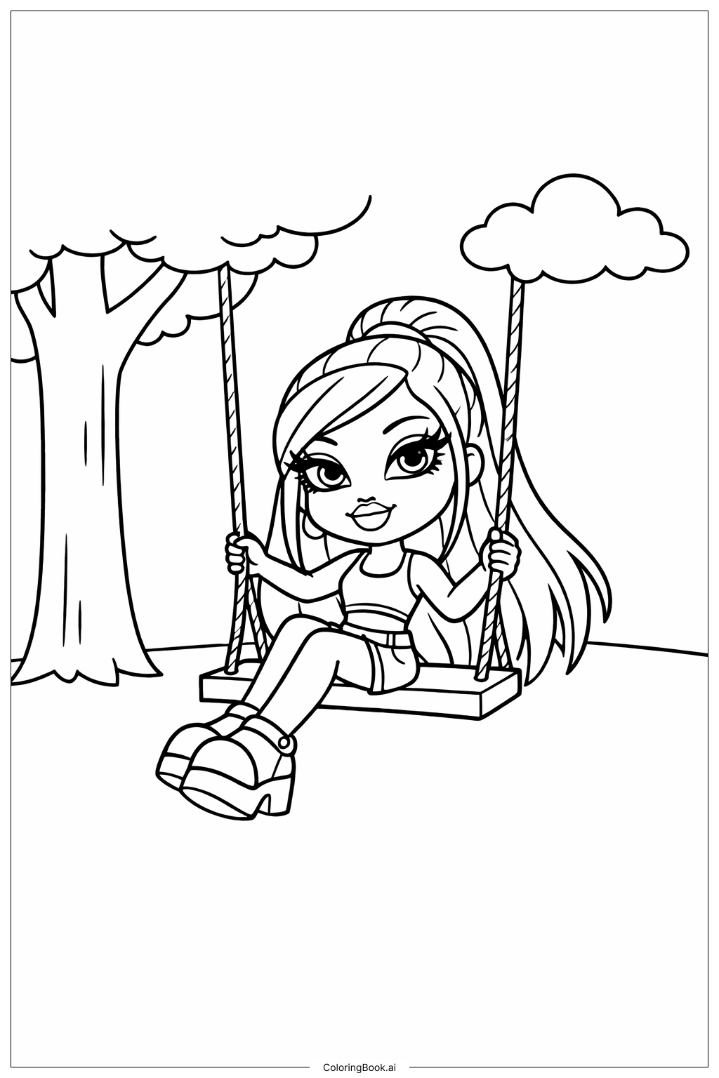  秋千上的Bratz娃娃填色页 