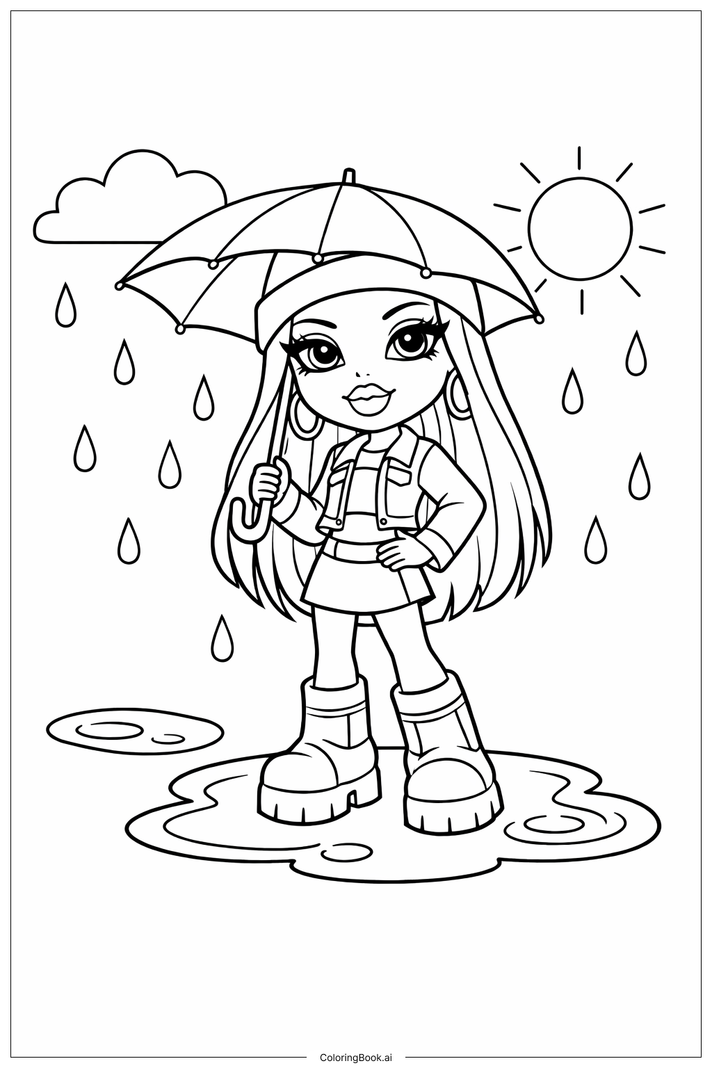  带伞的Bratz娃娃填色页 