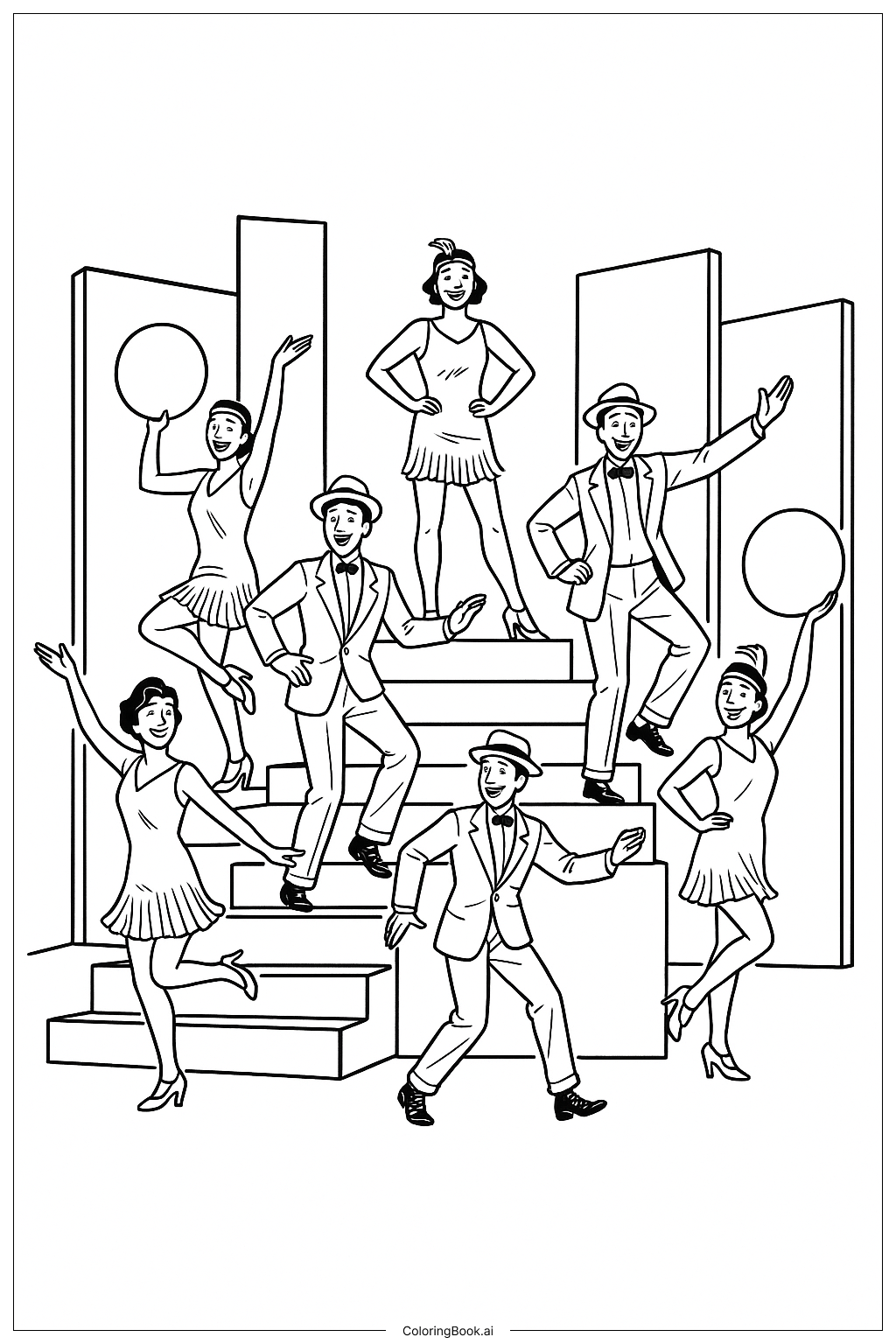  ブロードウェイダンスアンサンブルの塗り絵ページ 