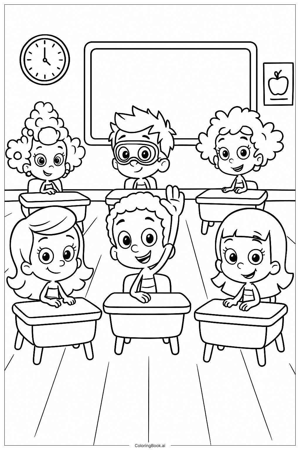  泡泡孔雀鱼在学校填色页 
