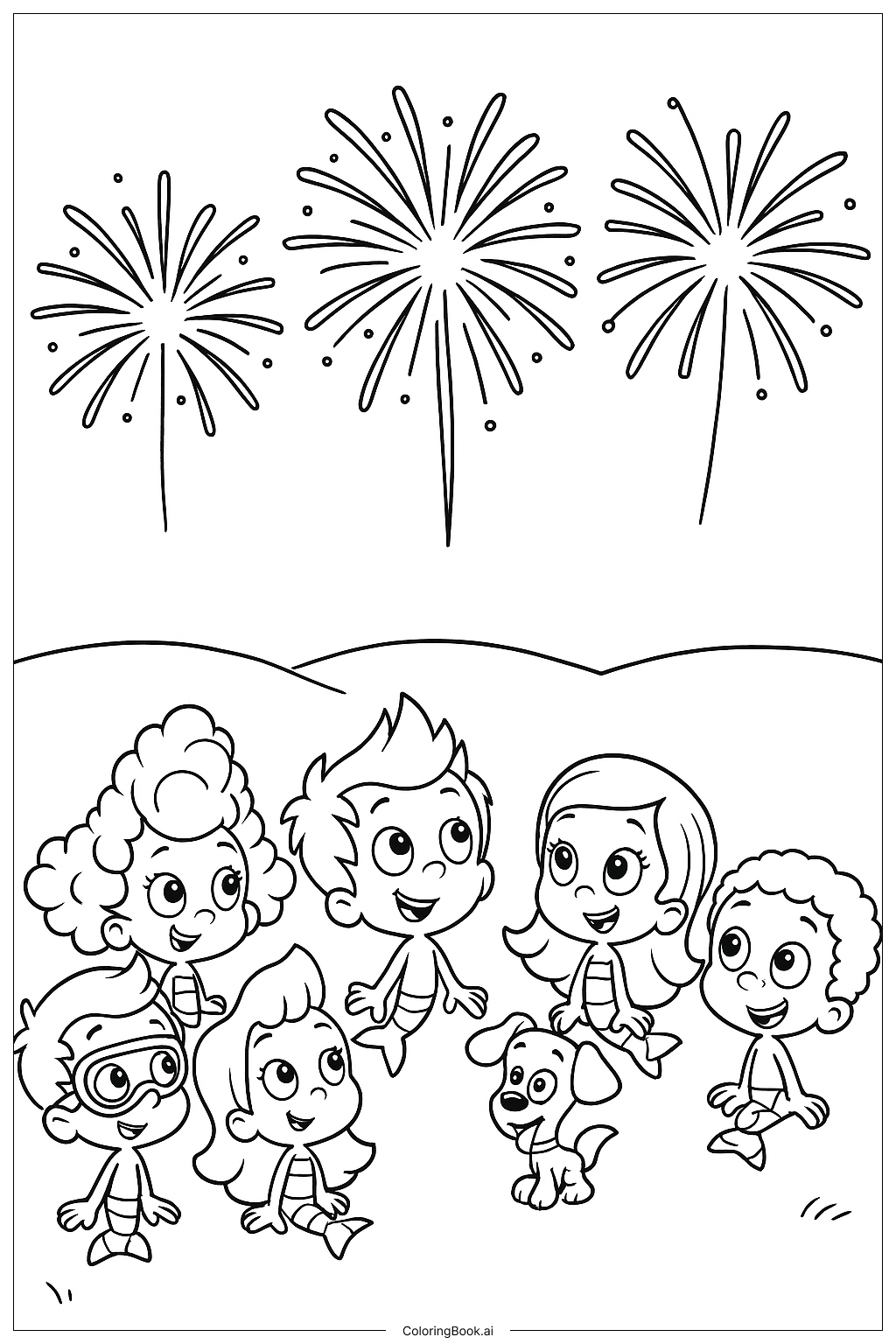 气泡宝贝观赏烟花填色页 