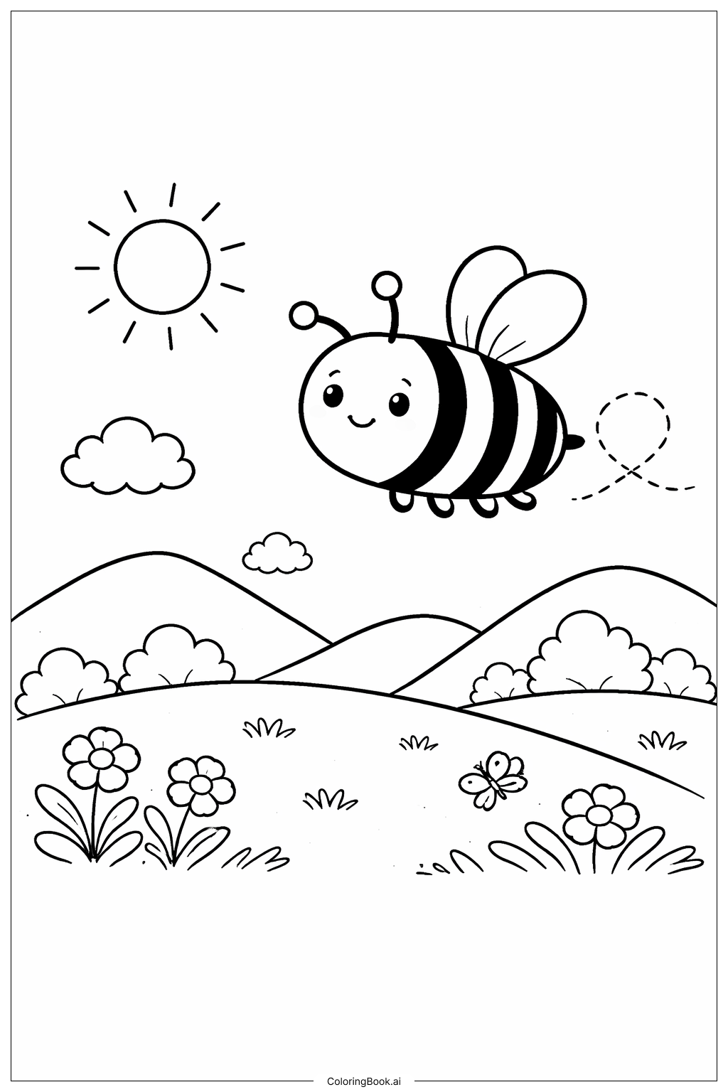 Bumblebee Flying Over Meadow Coloring Page