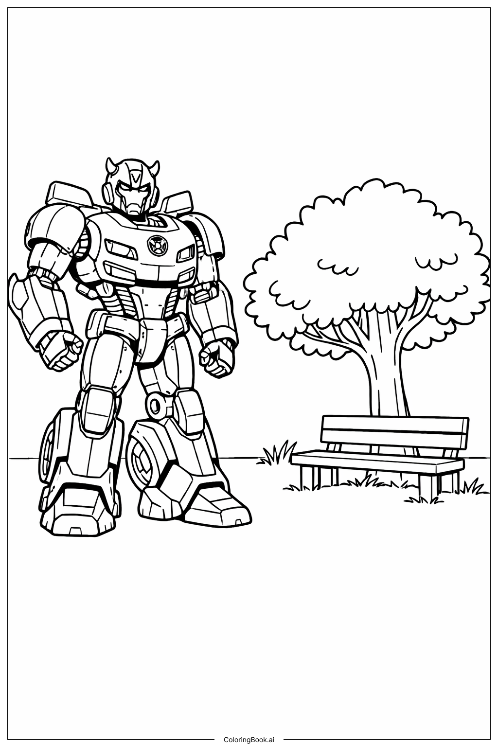 Page de coloriage Bumblebee Transformer dans un parc 