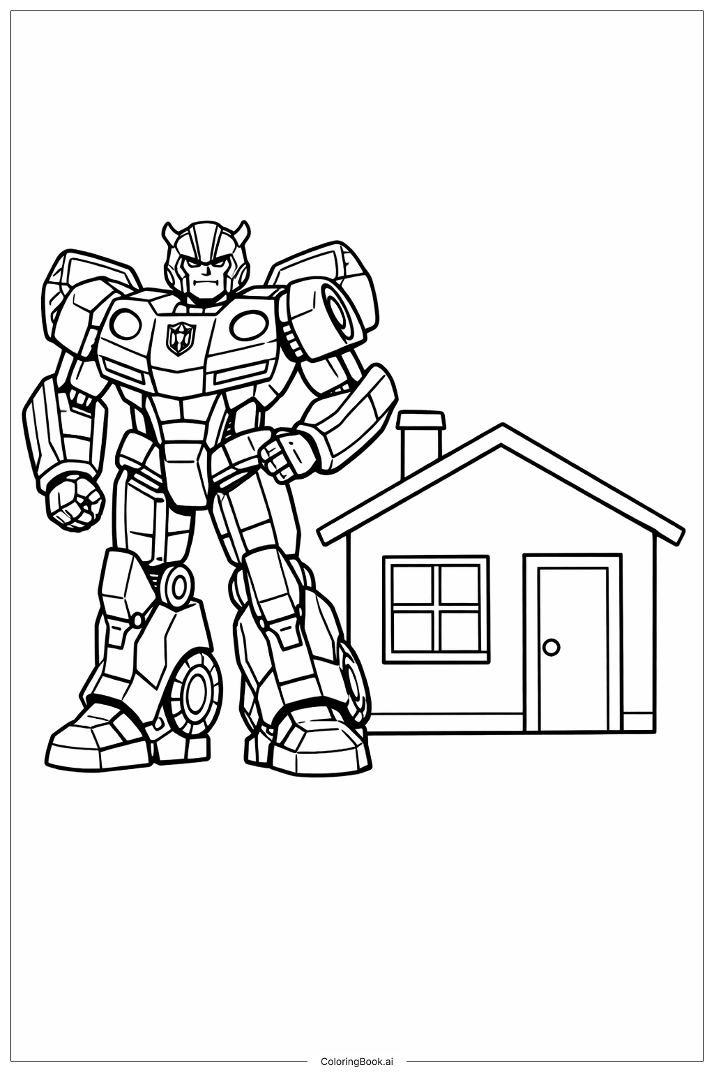  Page de coloriage Bumblebee Transformer à côté d'une maison 