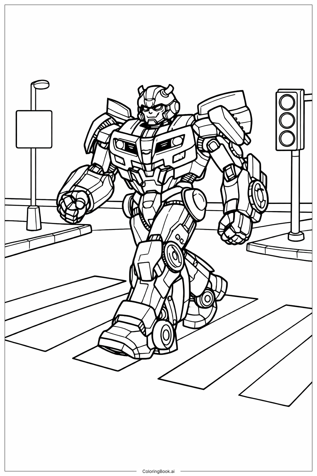  Page de coloriage Bumblebee Transformer traversant la route 