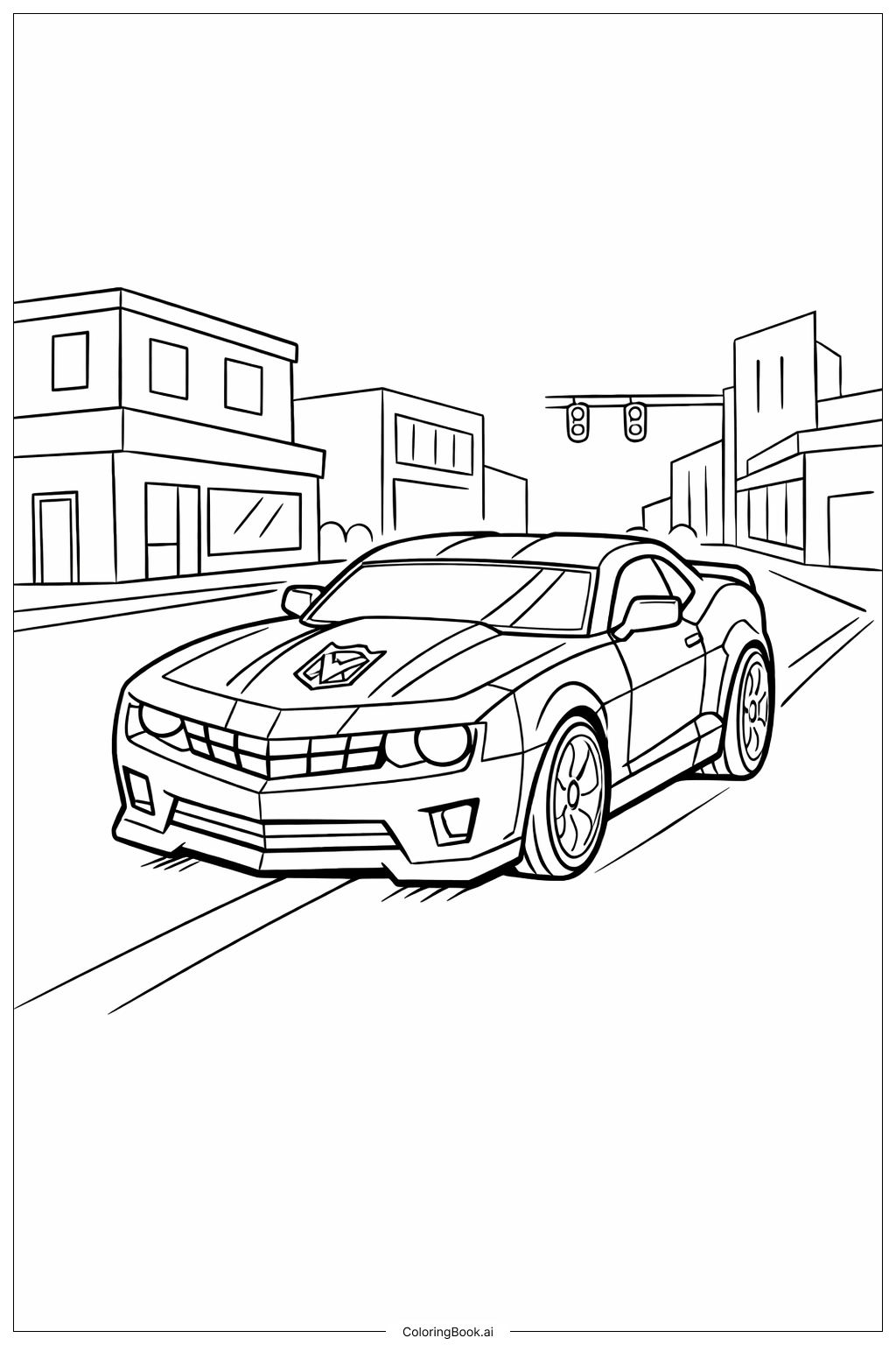  Page de coloriage Bumblebee Transformer conduisant dans la rue de la ville 