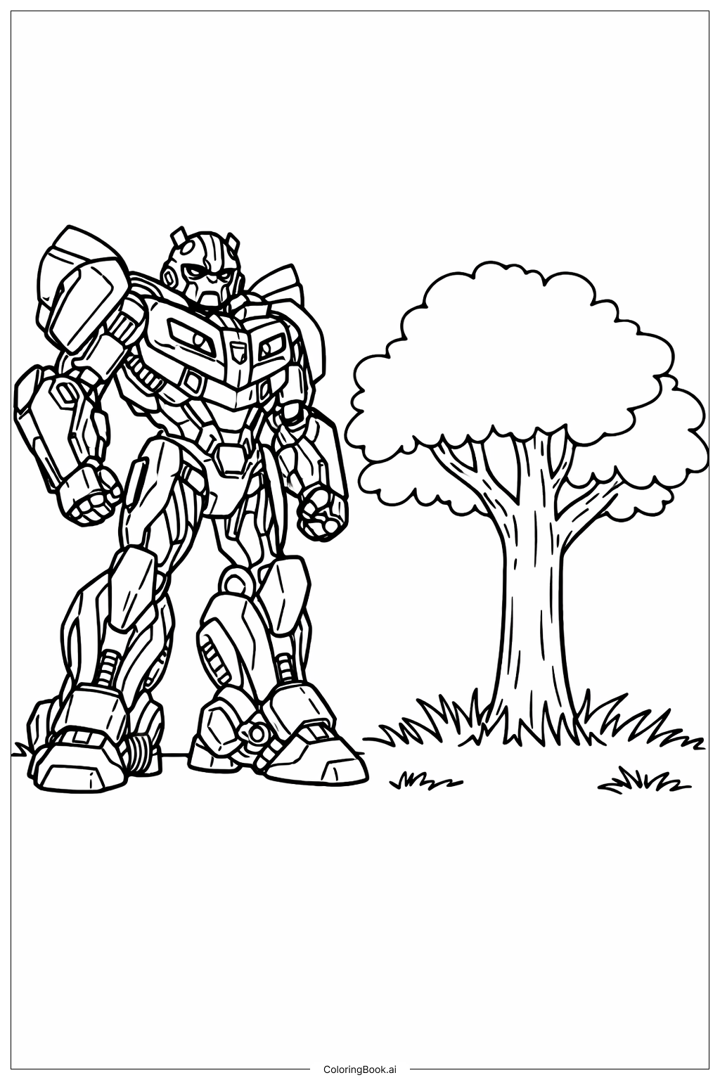  Page de coloriage Bumblebee Transformer Près d'un Arbre 