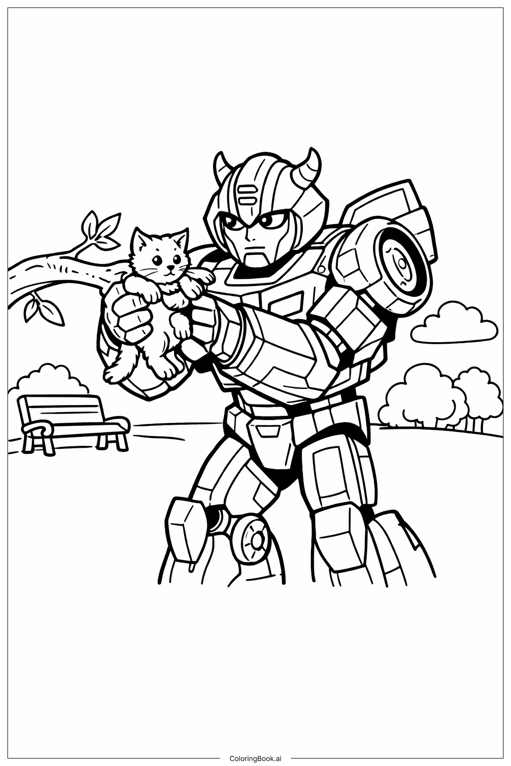  Page de coloriage Bumblebee Transformer sauvant un chaton 