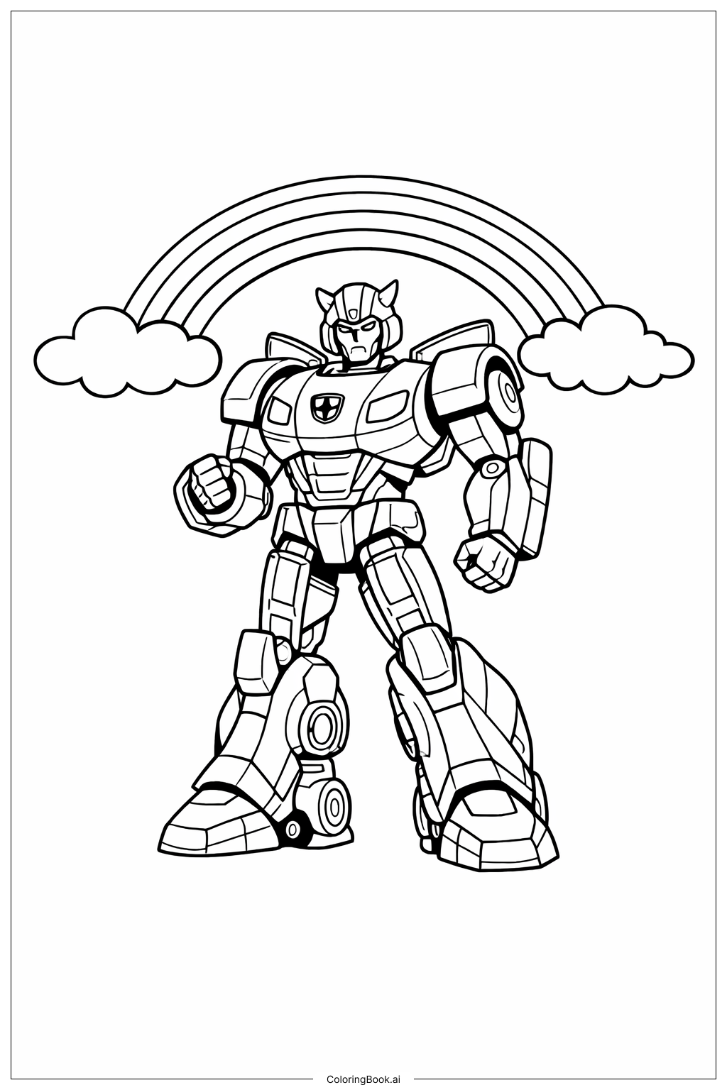  Page de coloriage Bumblebee Transformer sous un arc-en-ciel 
