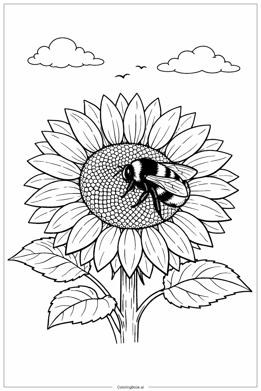Bumblebee Visiting Sunflower Coloring Page