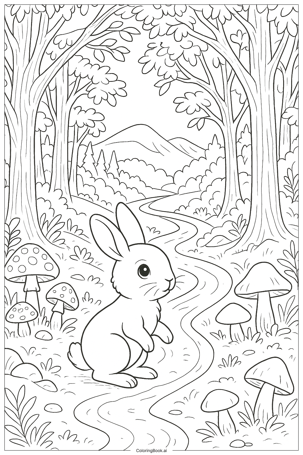  Kaninchen im verzauberten Wald Ausmalseite 