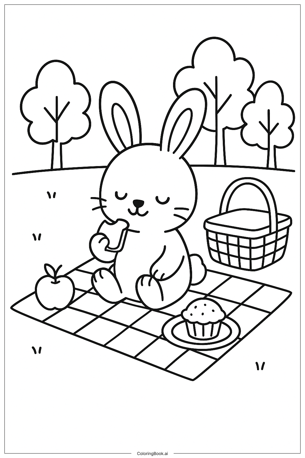  ピクニックを楽しむウサギの塗り絵ページ 