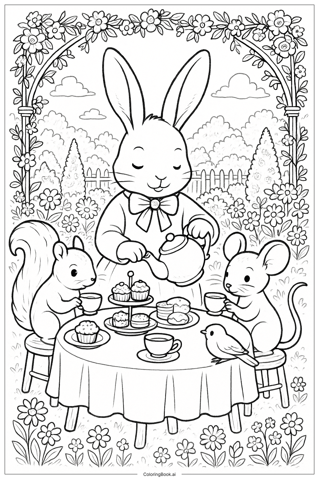  Kaninchen-Teeparty Ausmalseite 