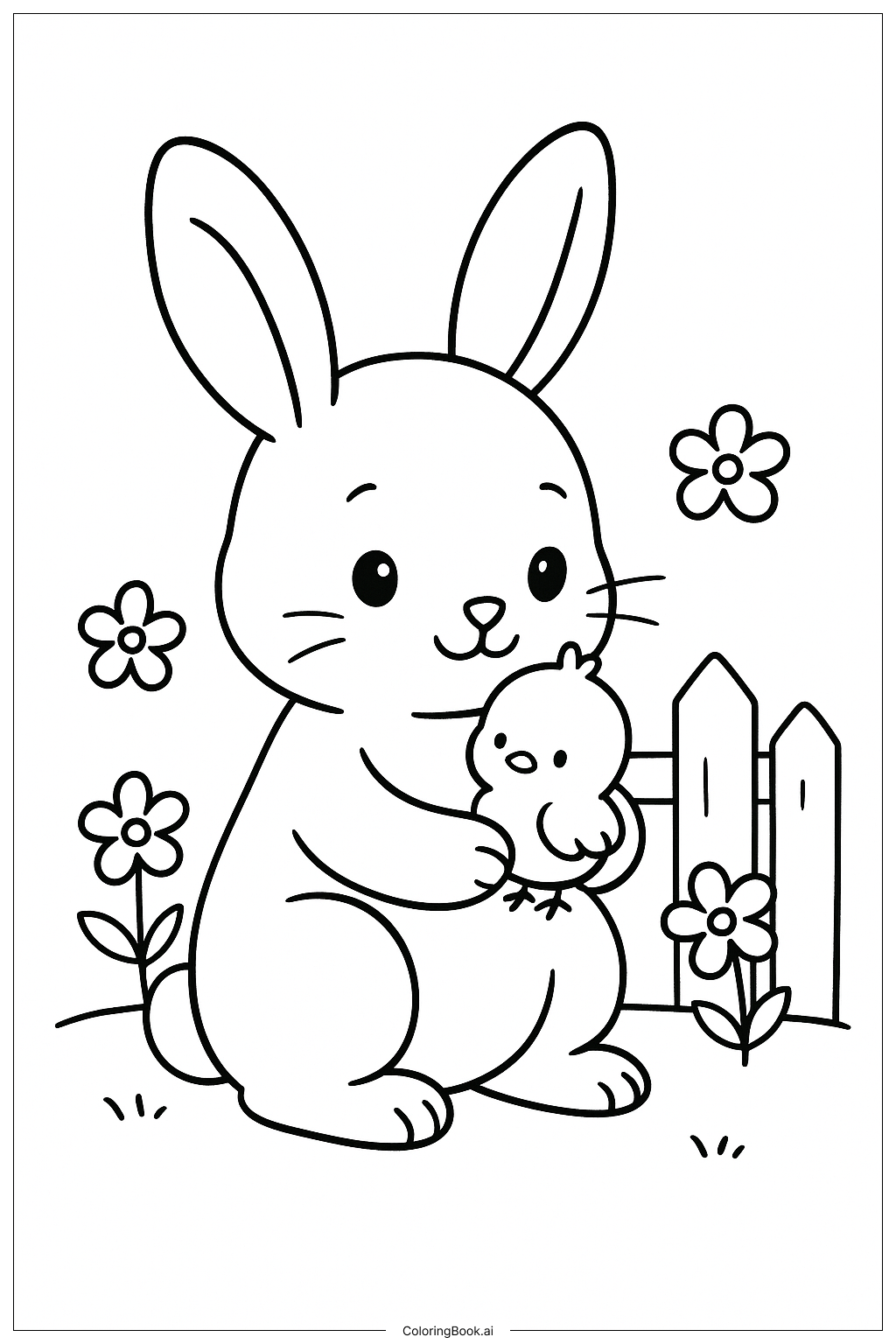  抱着小鸡的小兔子填色页 