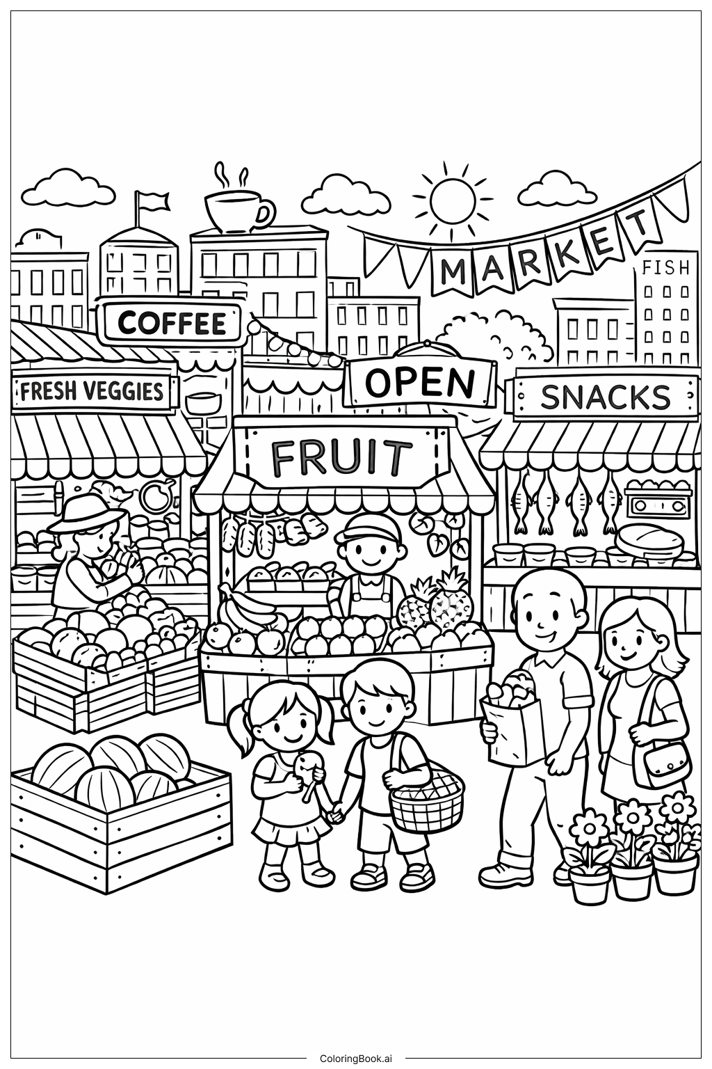  Busy Market Doodle Scene Coloring Page 
