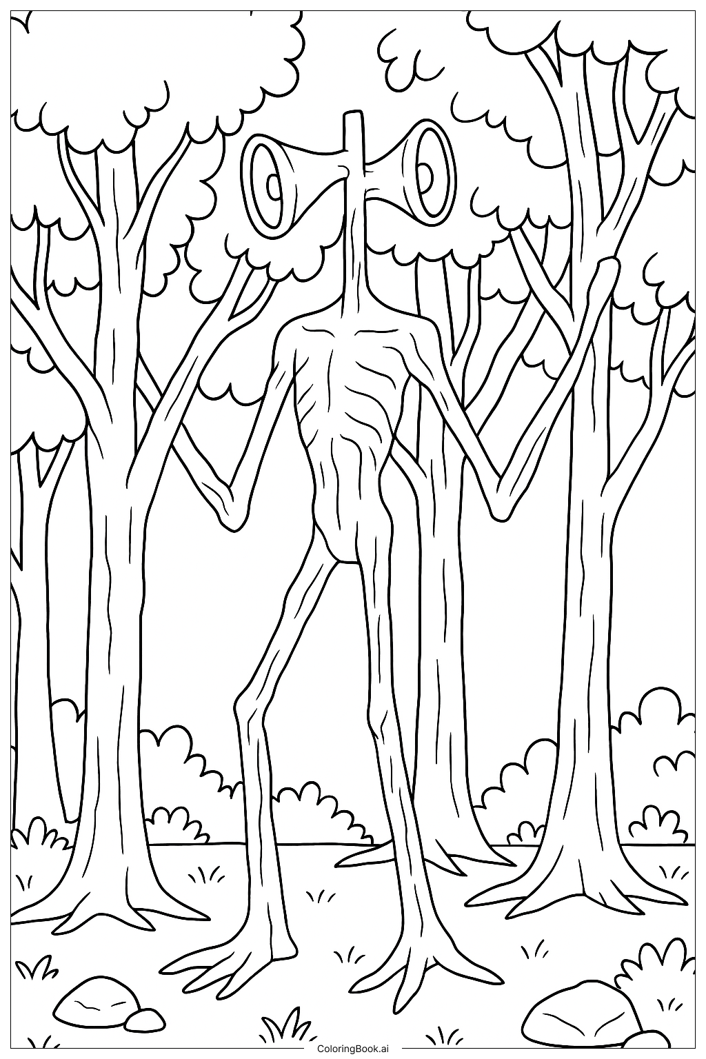  Page de coloriage Siren Head Camouflé avec les Arbres 