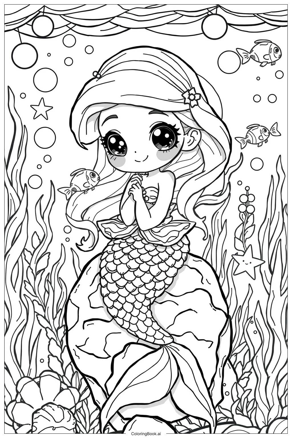  Page de coloriage Kawaii Jolie Sirène 