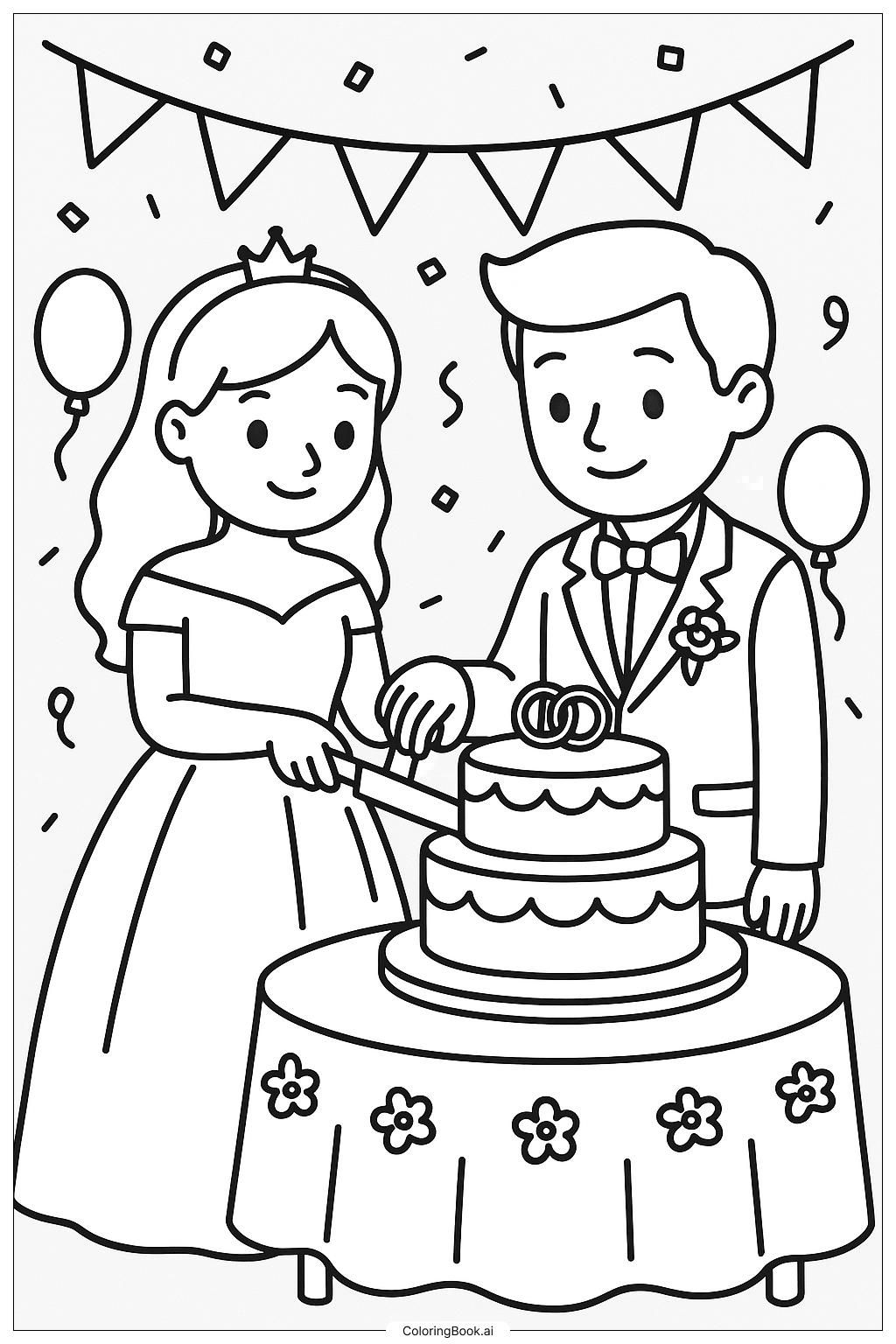  新郎新婦がウェディングケーキをカットするの塗り絵ページ 