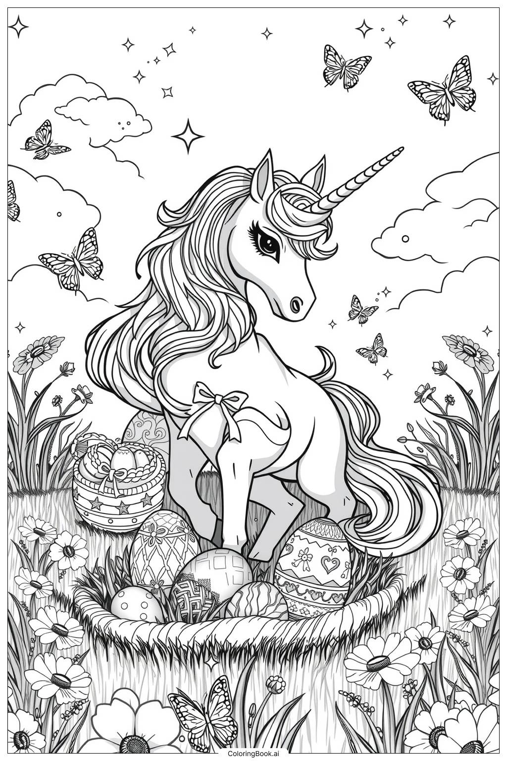  Page de coloriage licorne célébrant Pâques avec des œufs peints 