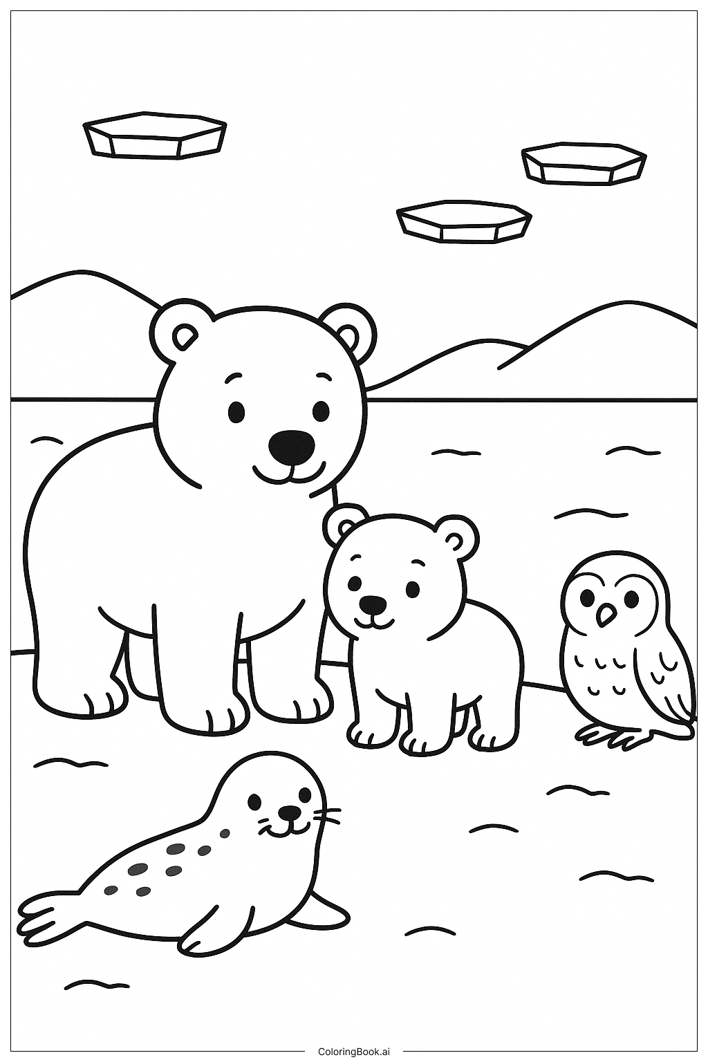 北極熊與幼熊及其他北極動物著色頁