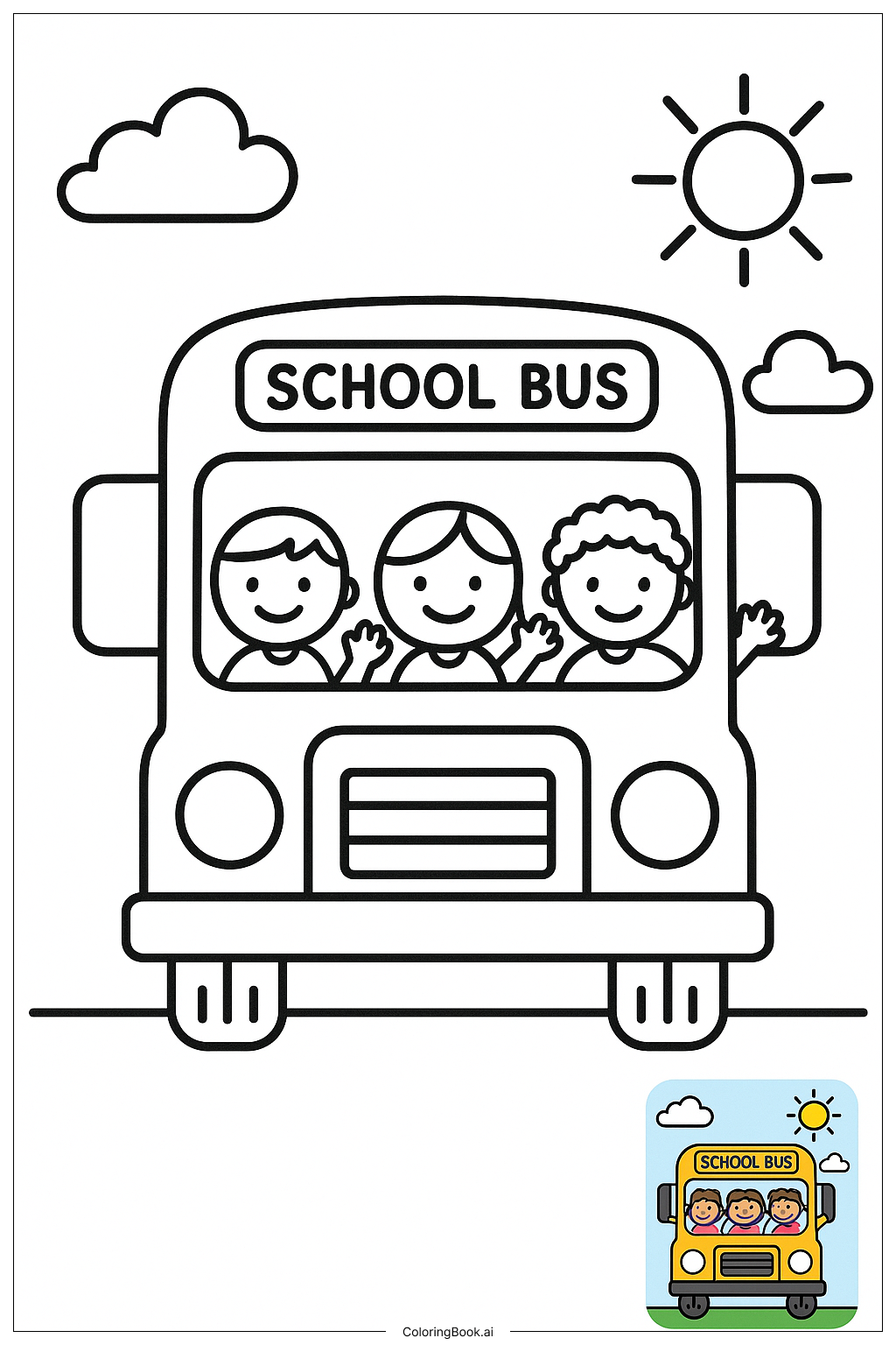  笑顔の子供たちと学校バスの最後の日の塗り絵ページ 