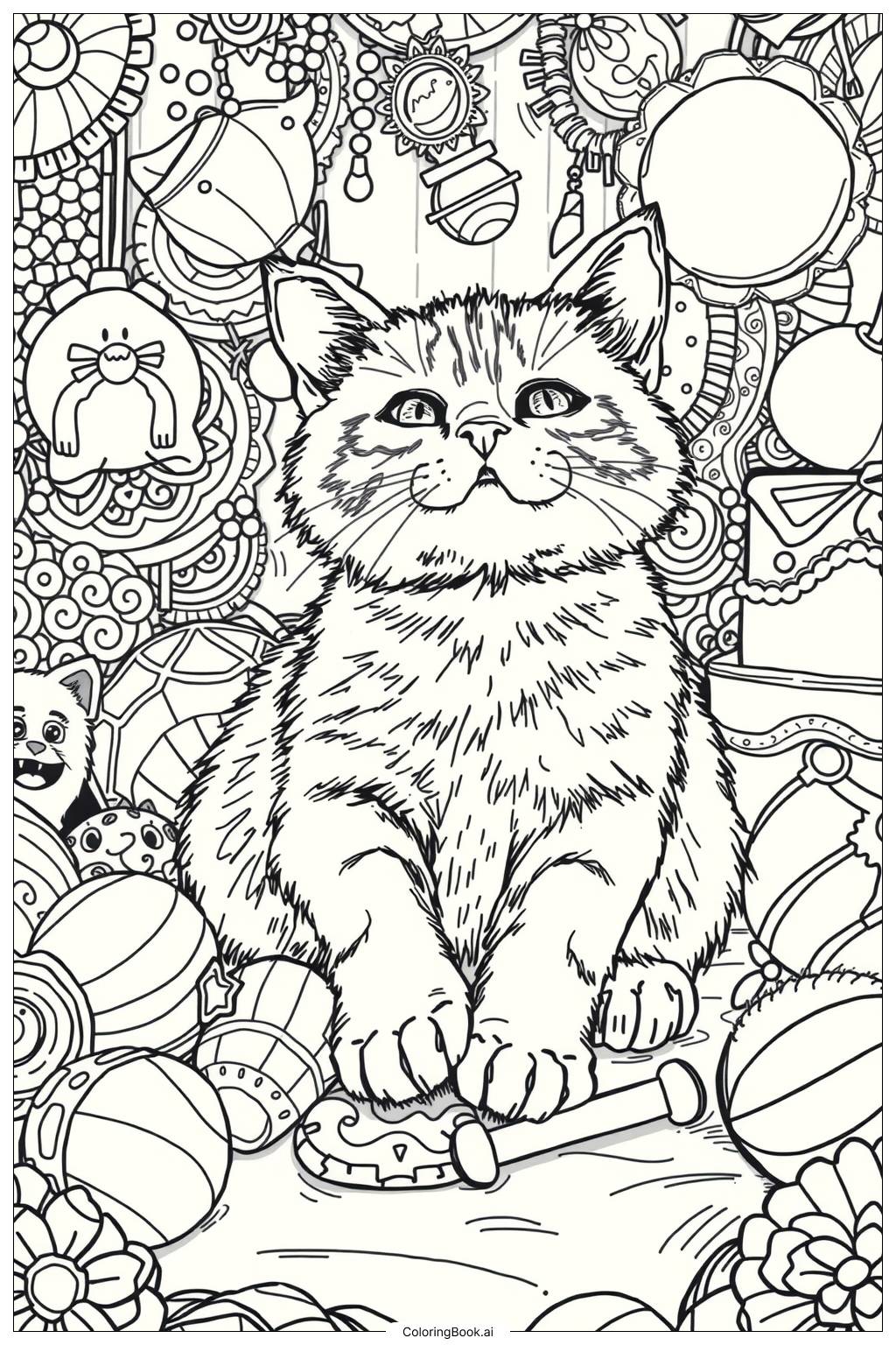  Cute Cat Playing Coloring Page 