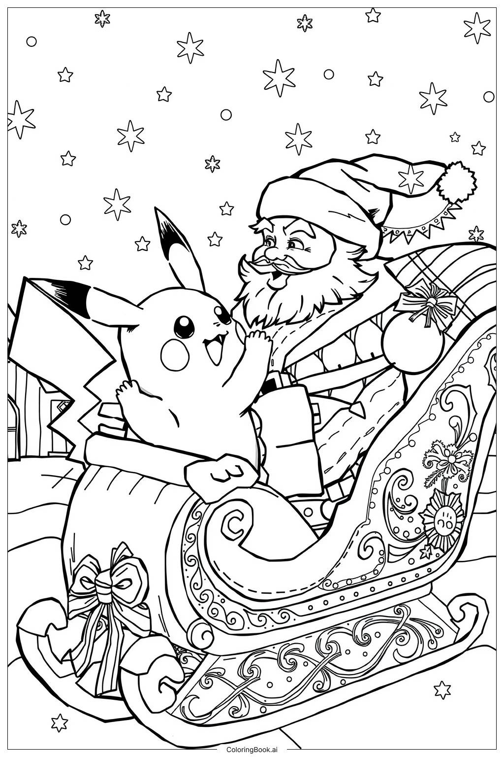  Page de coloriage Pikachu et le Père Noël dans un traîneau 