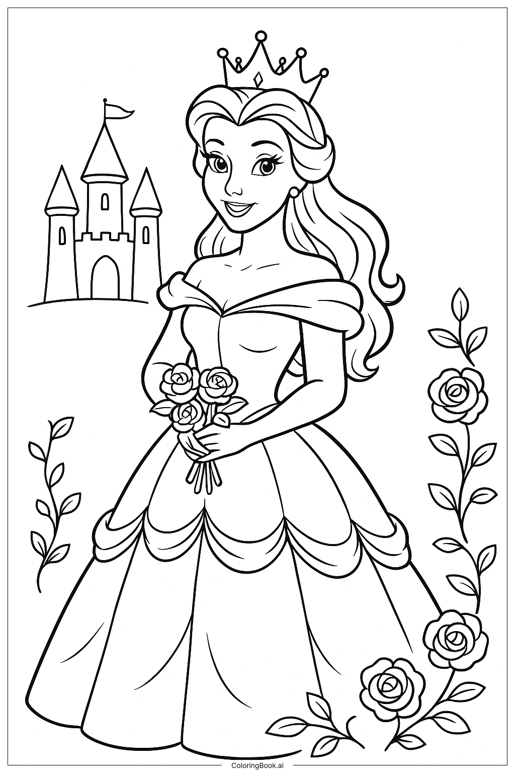  王冠をかぶったプリンセスベルの塗り絵ページ 