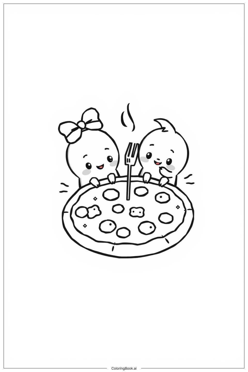  Kawaii Pizza Scene with Multiple Characters Coloring Page 