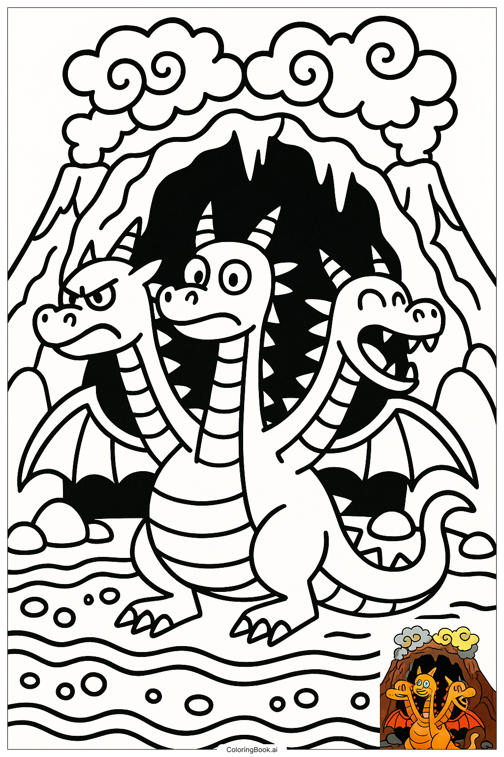  Page de coloriage Dragon à Trois Têtes Garde de la Grotte de Lave 