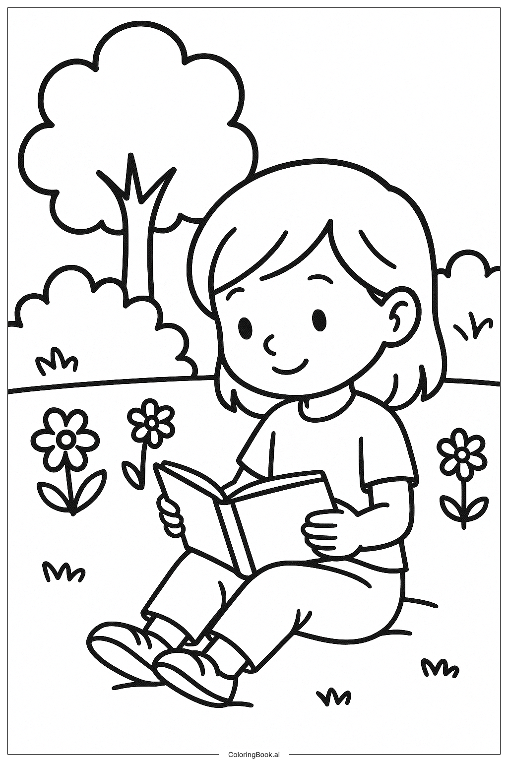  Página para colorir de Uma Menina Lendo Um Livro No Jardim 