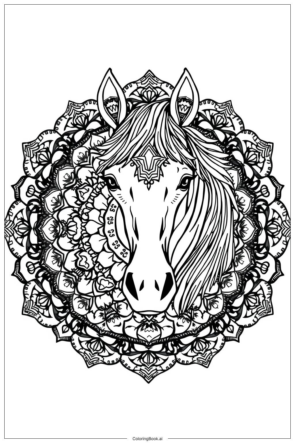  Página para colorear de Diseño de Mandala Cabeza de Caballo-2 