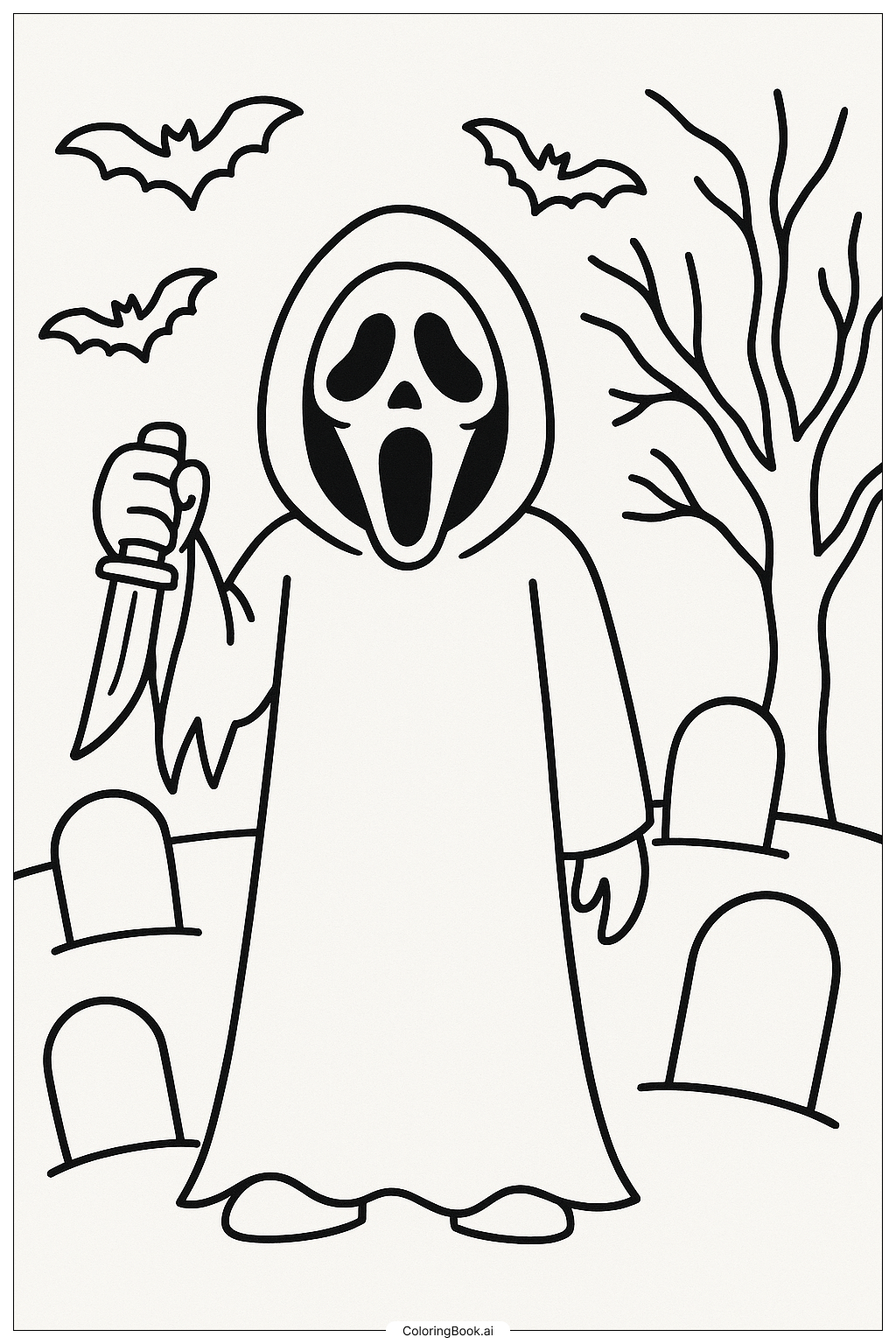  Página para colorear de Ghostface en un Cementerio Espeluznante 