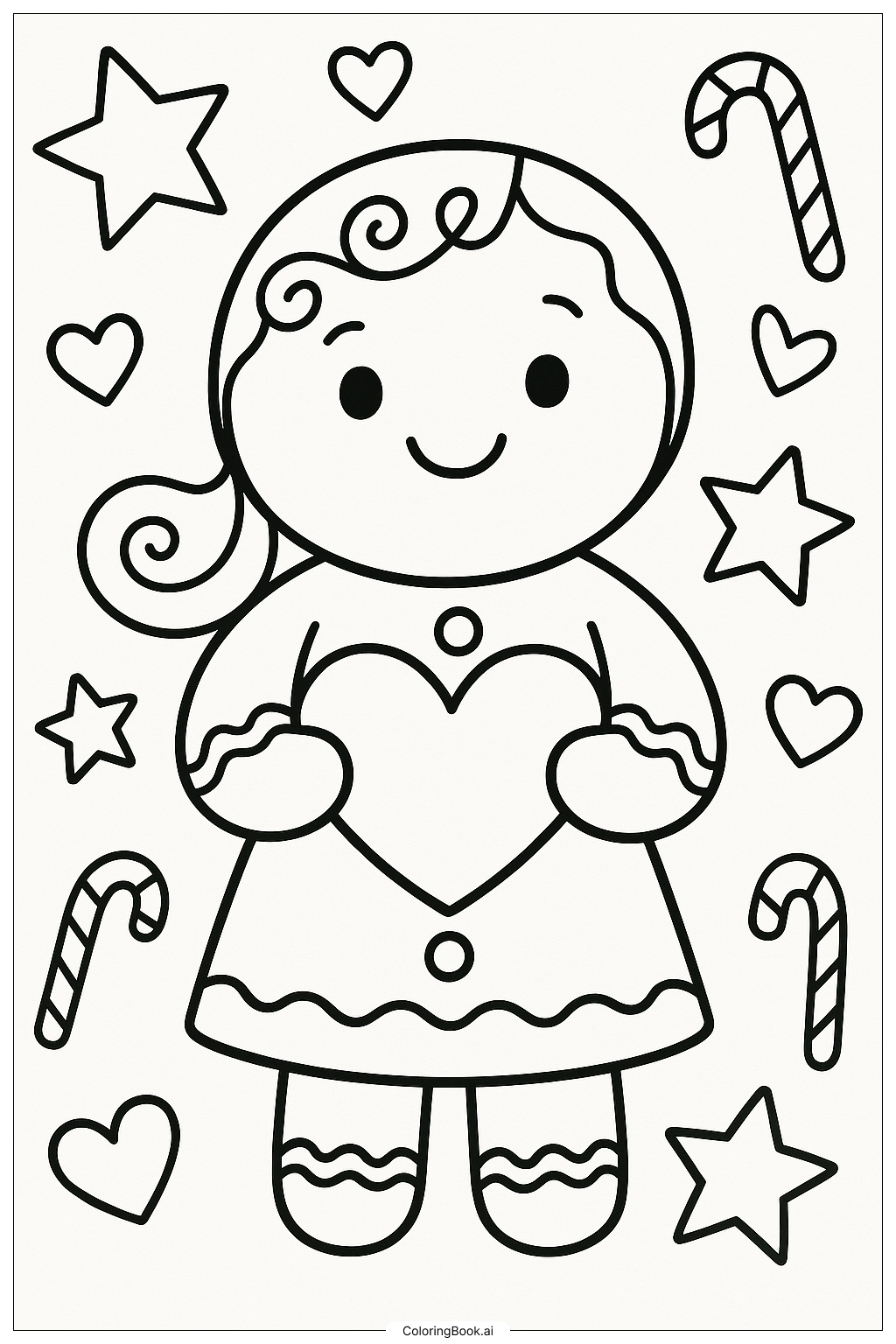  ハートを持ったジンジャーブレッドの女の子の塗り絵ページ 