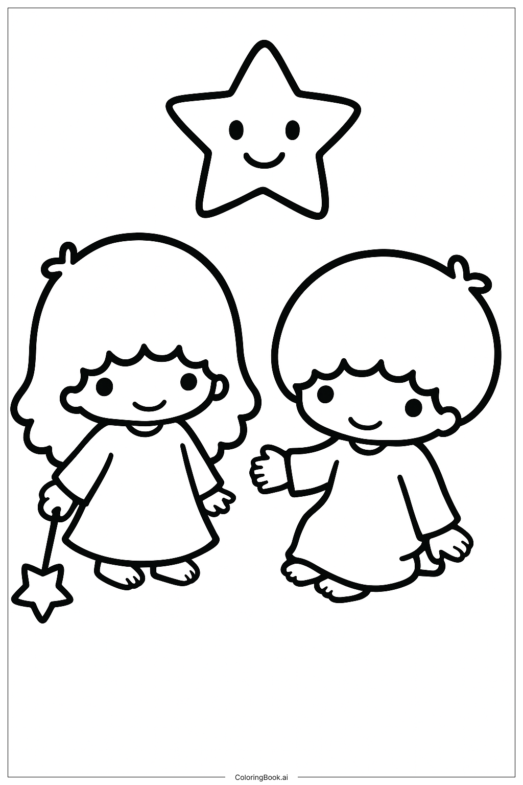  Little Twin Stars And A Friendly Star Face Coloring Page 