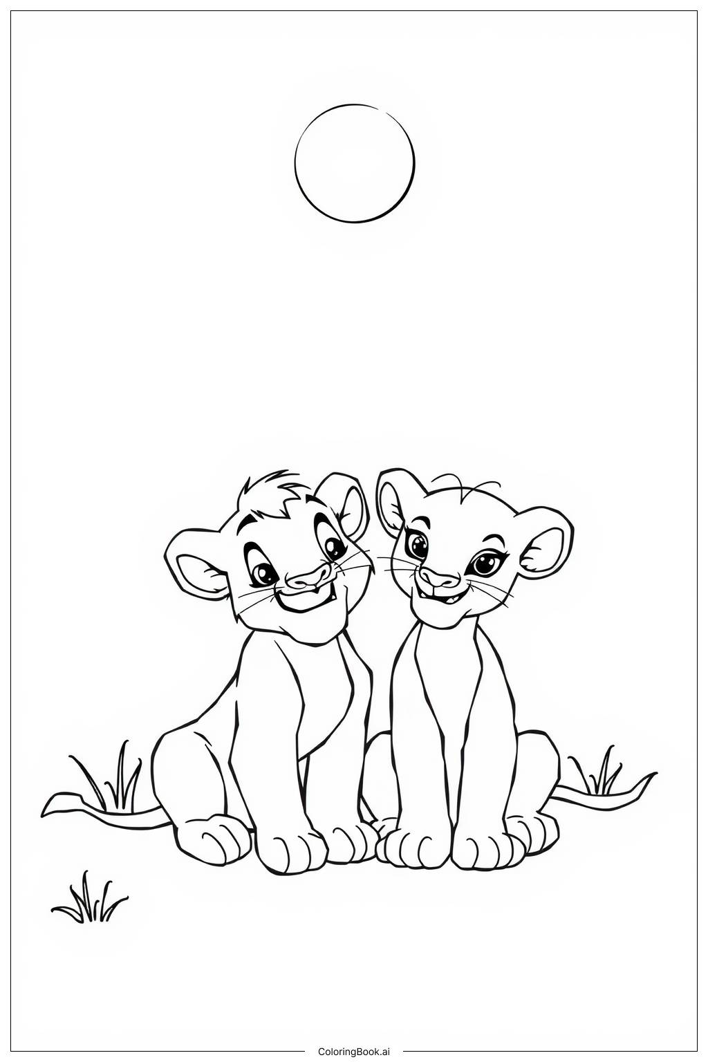  Page de coloriage le roi lion Nala et Simba assis ensemble 