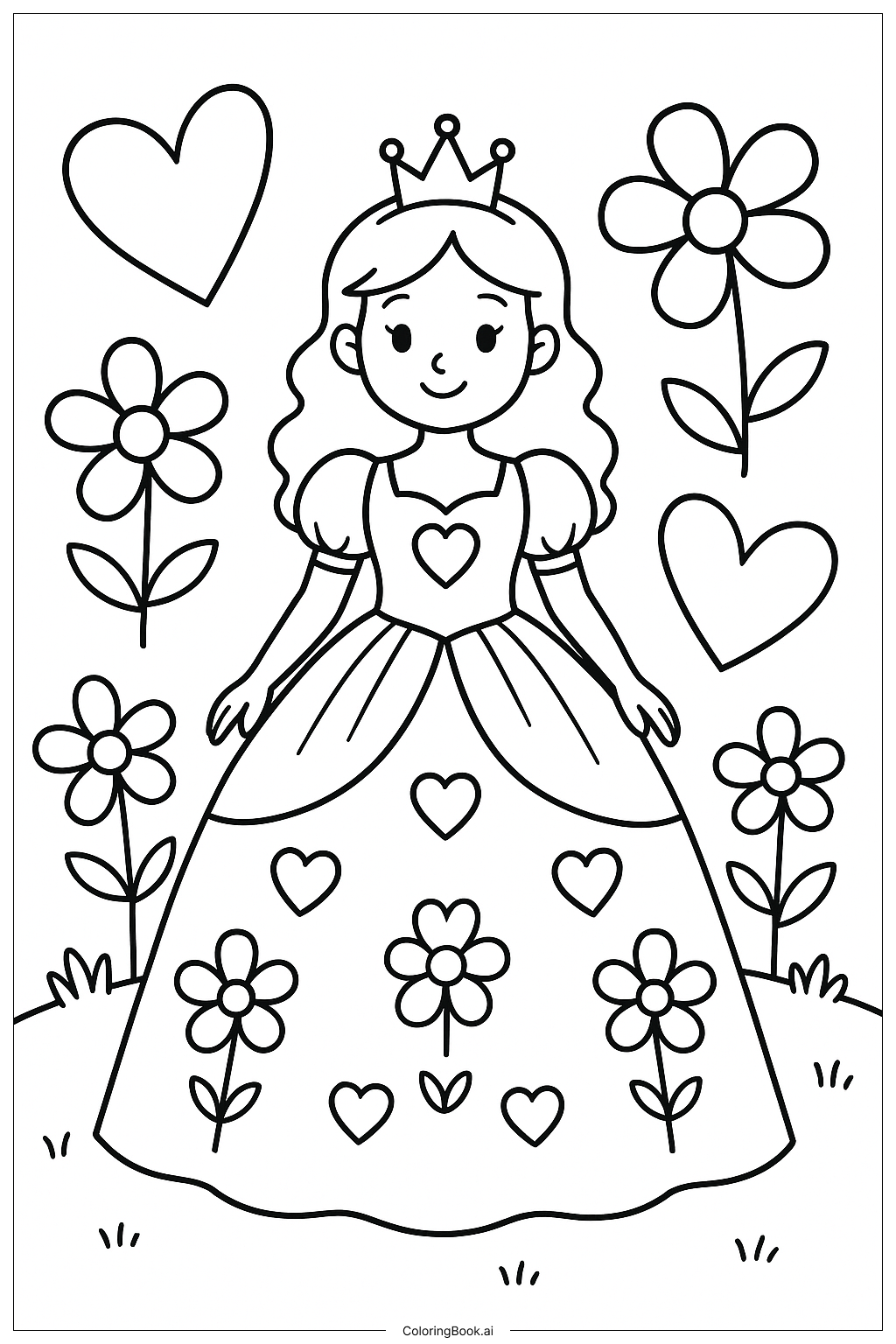  A Princess Gown With Hearts and Flowers Coloring Page 
