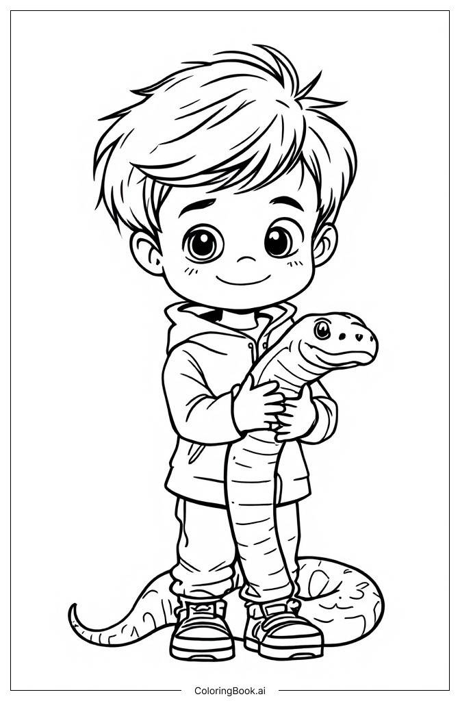  Page de coloriage Enfant avec un serpent de compagnie 