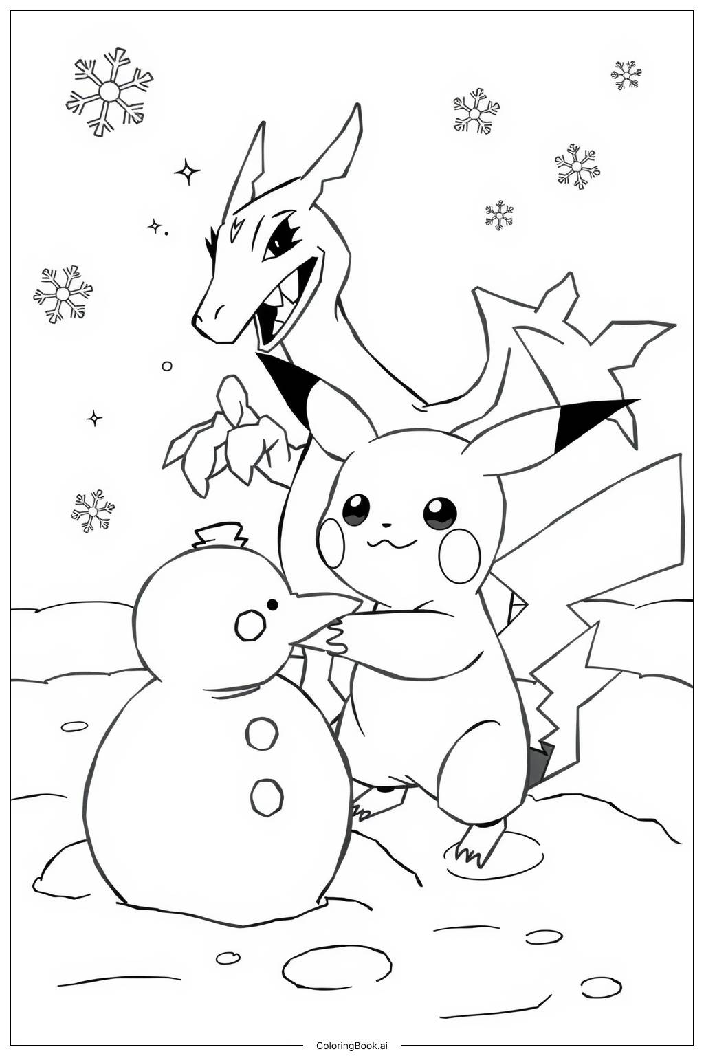  Pikachu and Charizard in a Snowy Scene Coloring Page 