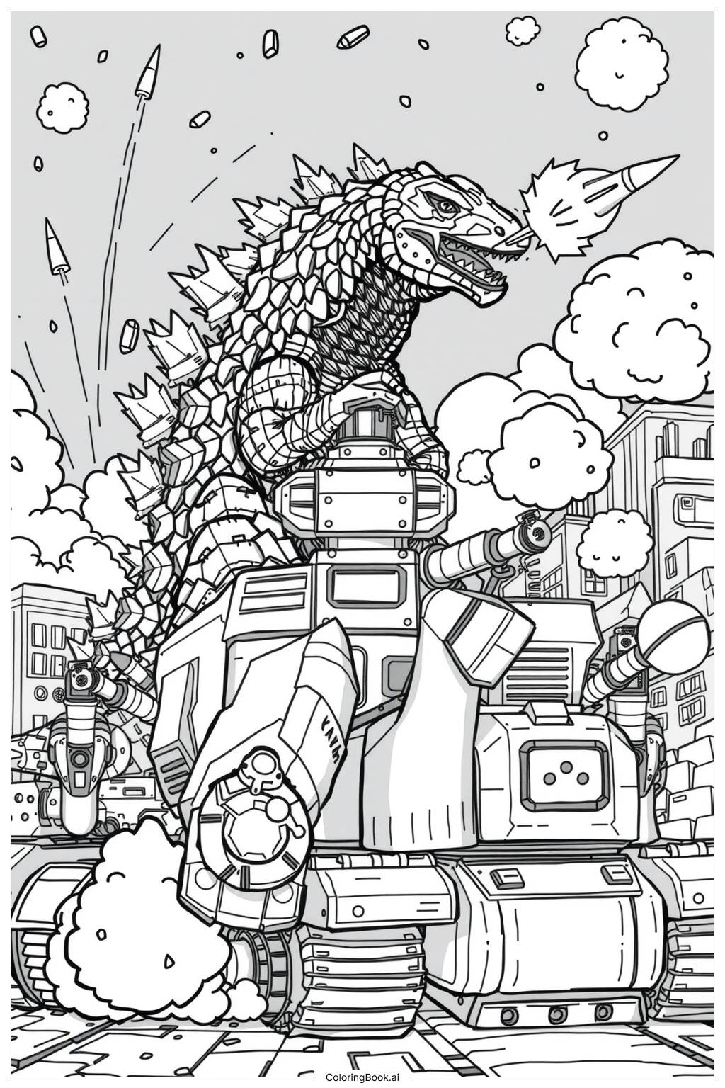  Página para colorear de godzilla contra tanques militares 