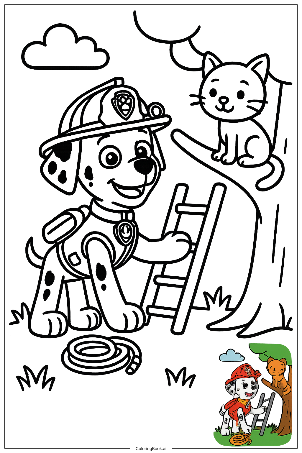  Página para colorir de Paw Patrol Marshall Salvando o Gatinho 