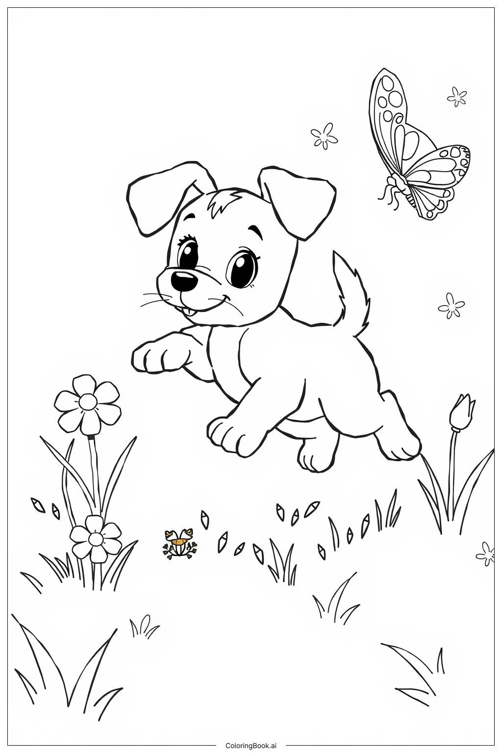  Page de coloriage Chiot poursuivant un papillon 