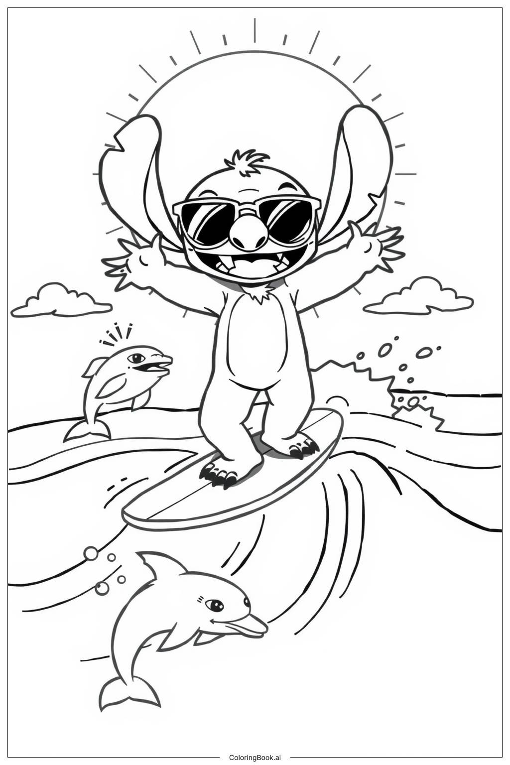  Page de coloriage Stitch Surfant sur la Plage 