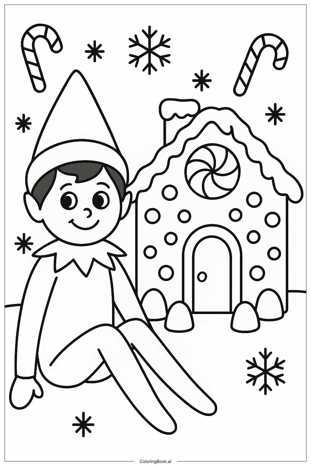  Página para colorir de Duende Na Prateleira Ao Lado De Uma Casa De Biscoito De Gengibre 